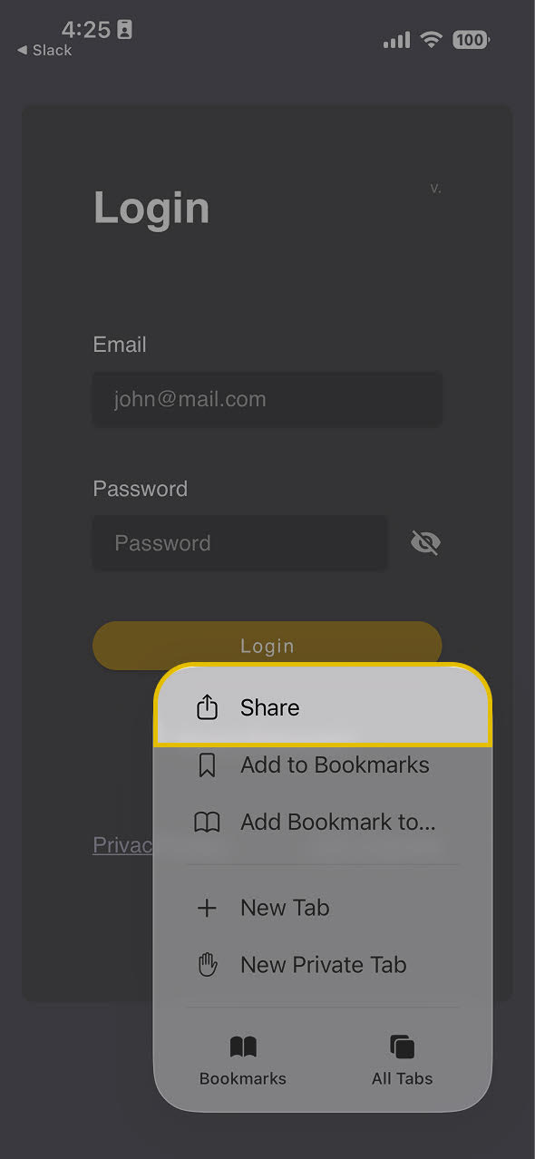 Step 2: the Safari share icon at the bottom of the screen.