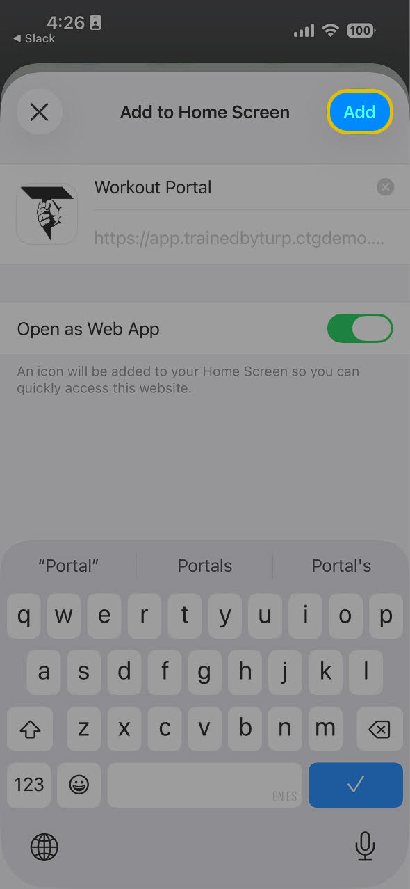 Step 4: the Add button that places TBT FIT on the home screen.